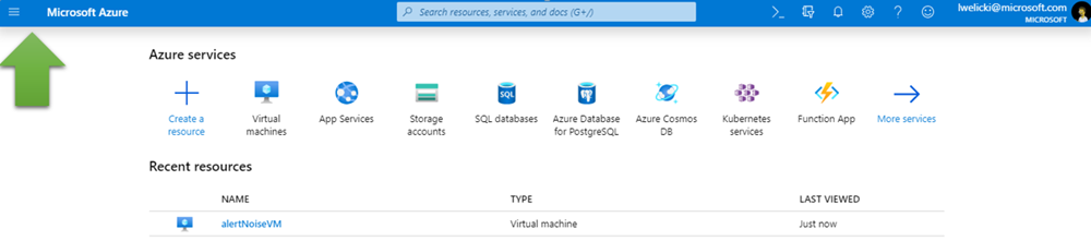 A screenshot pointing out the menu button in the Azure portal.