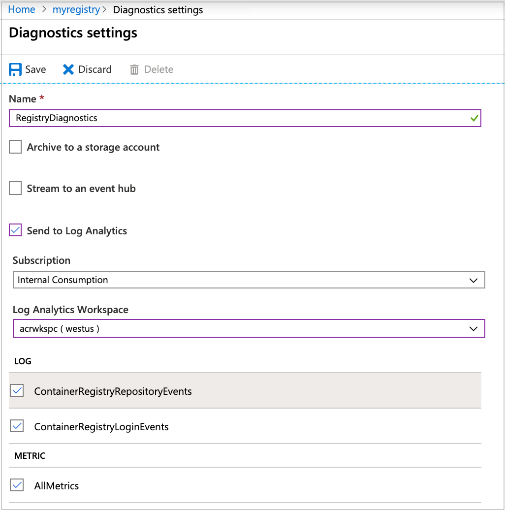A screenshot shoing how to configure diagnostic settings to enable Log Analytics.