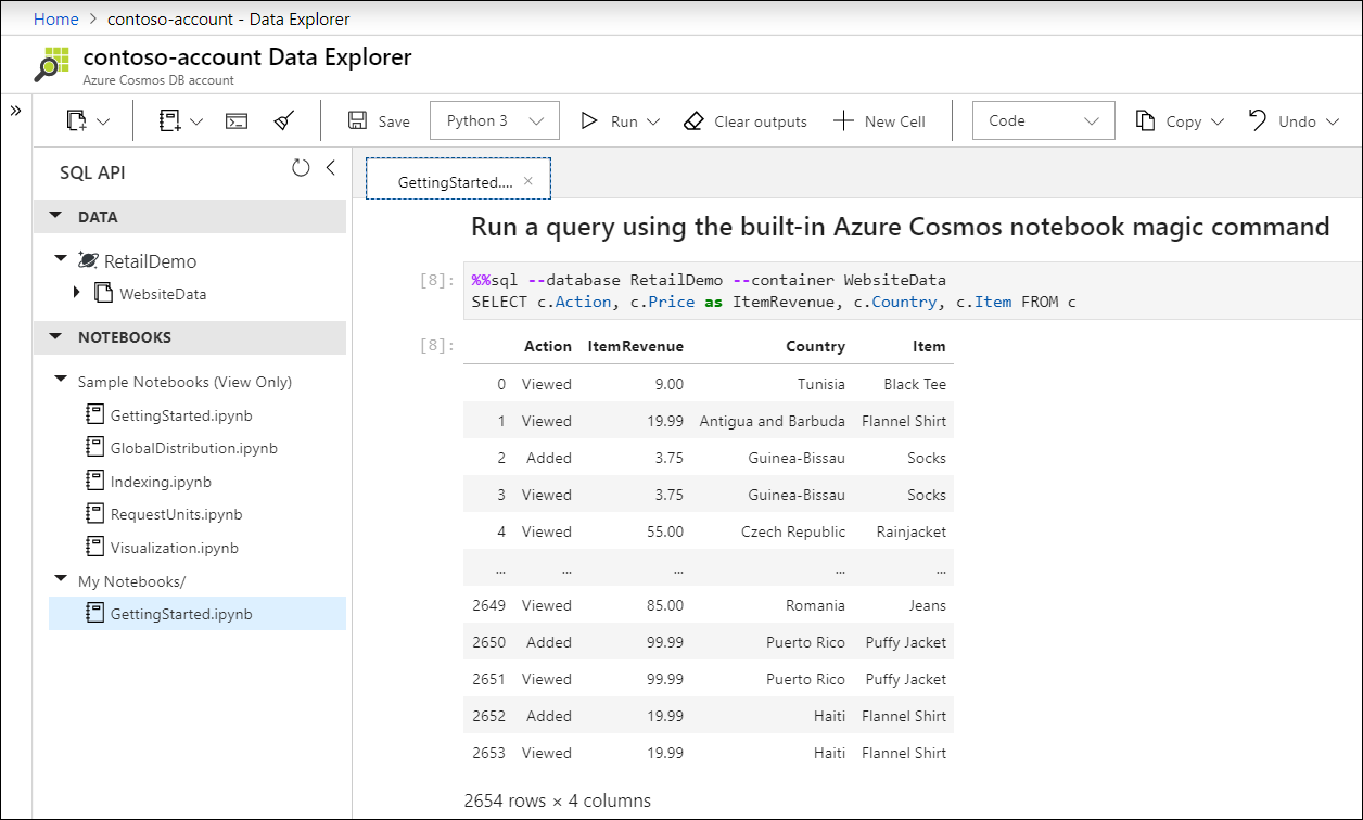 SQL query using built-in Azure Cosmos DB notebook magic command.