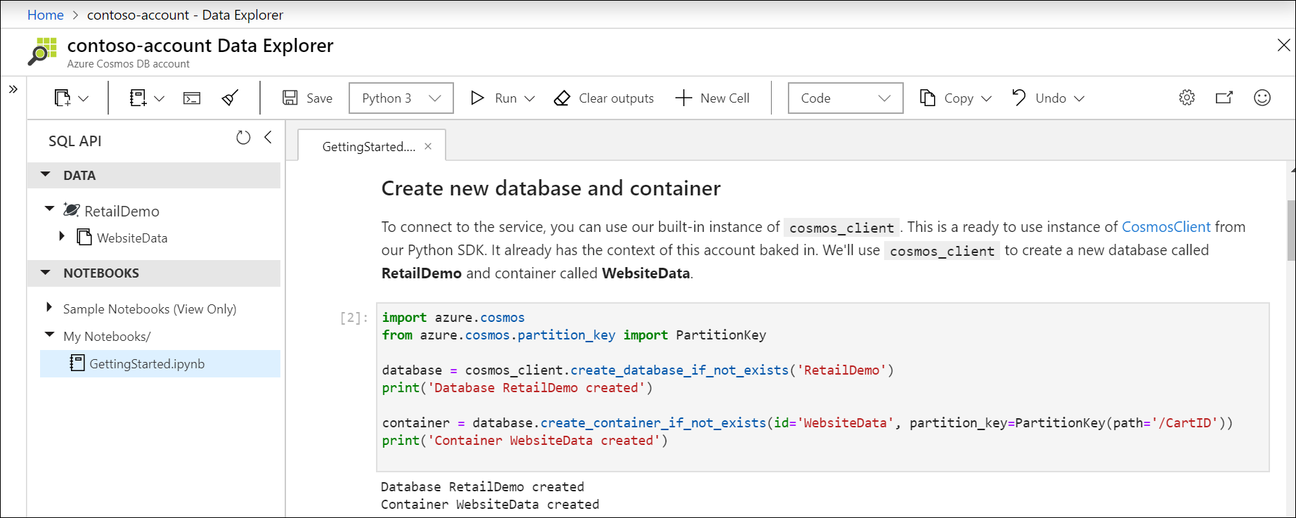 Create new database and container with built-in Python SDK in notebook.