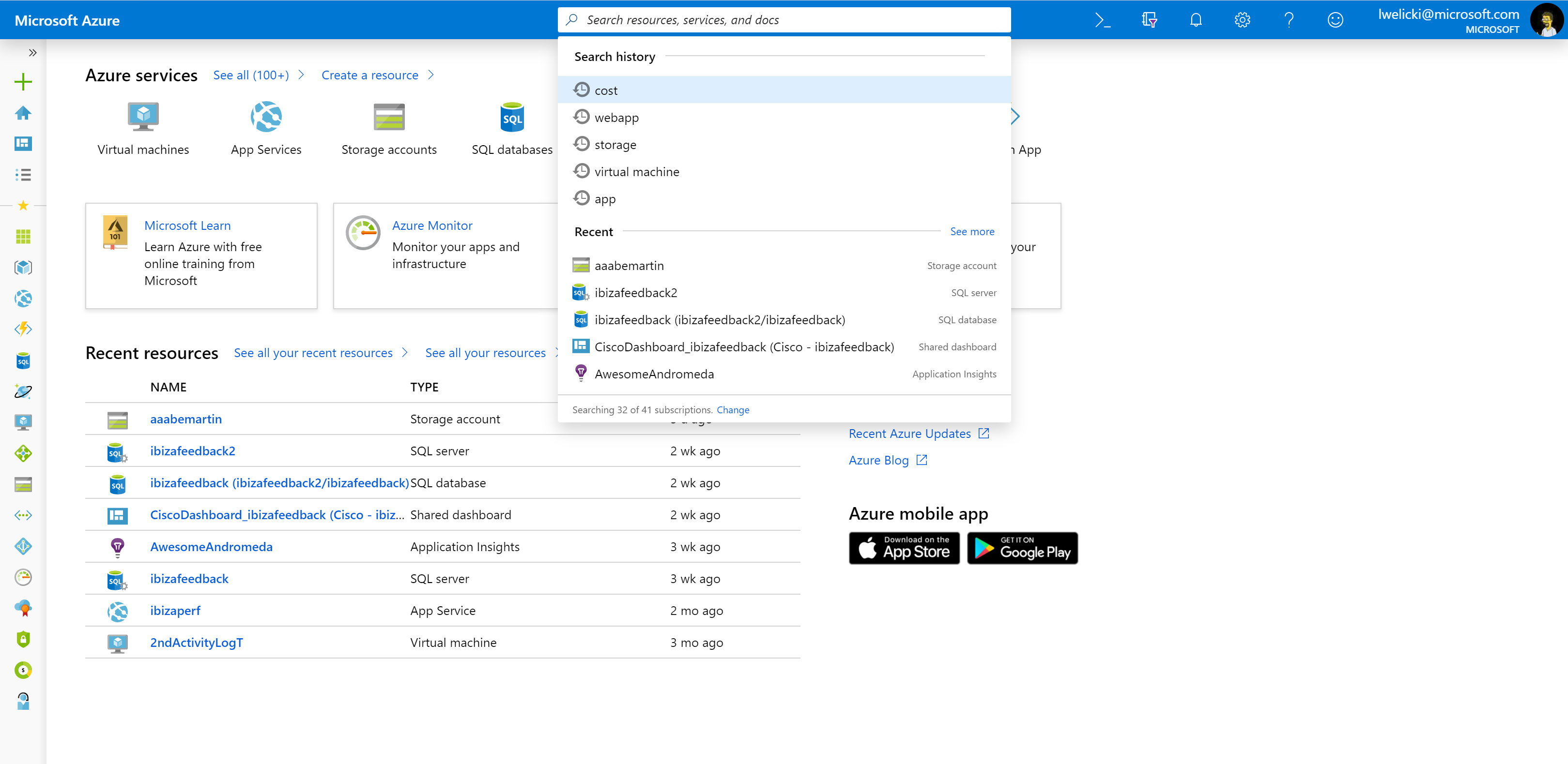 Global search history in the Azure portal