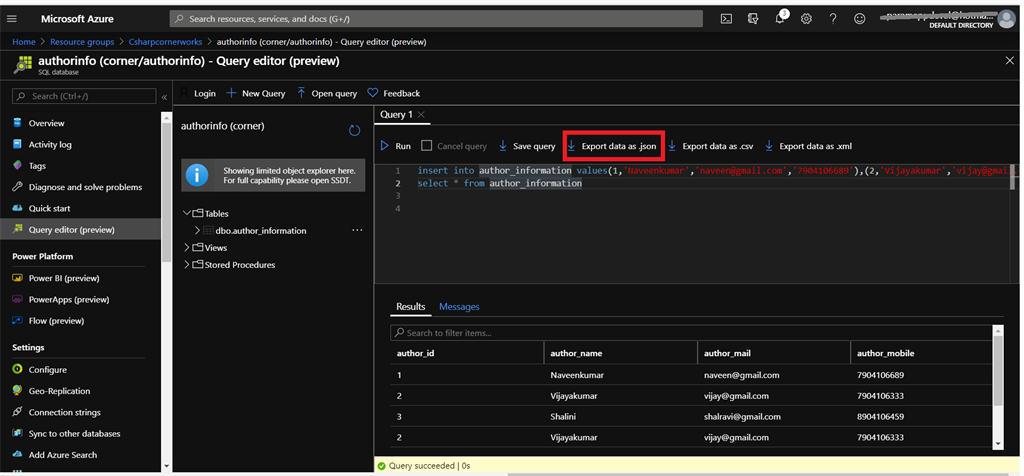 Exporting The SQL Data From Azure Cloud