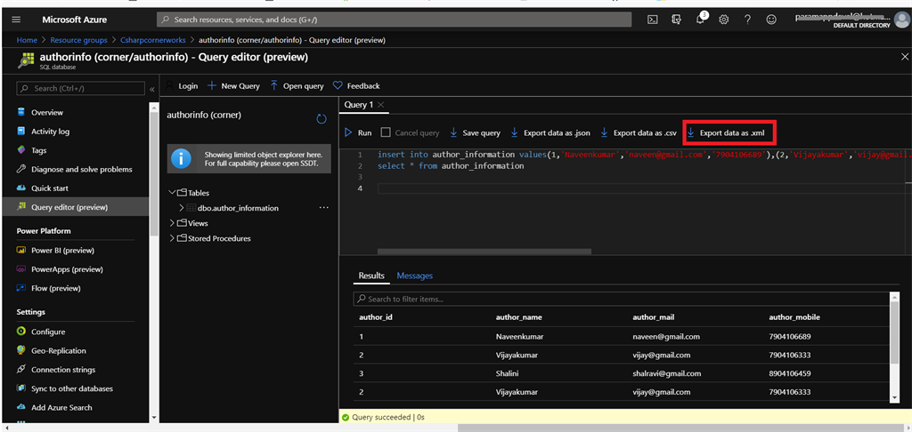 Exporting The SQL Data From Azure Cloud
