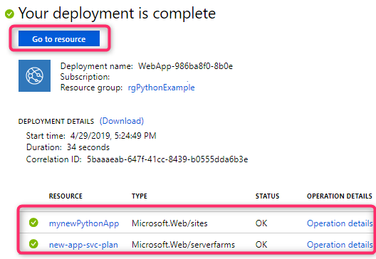 Azure App Service shows a real-time view of the provisioning process, including a convenient link to jump to the newly provisioned application.