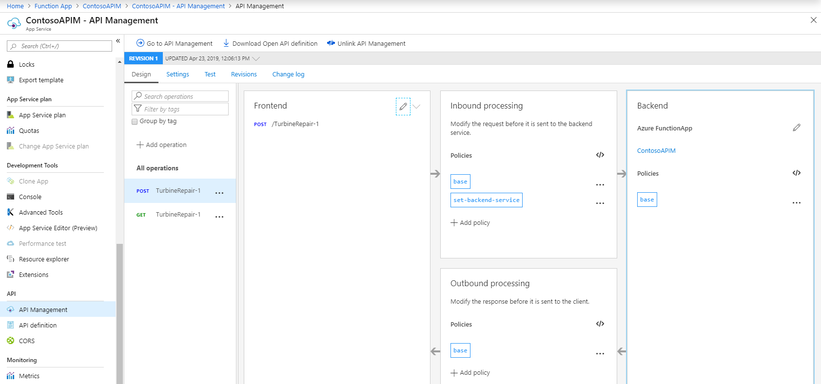 Linking API Management dashboard to Function Apps