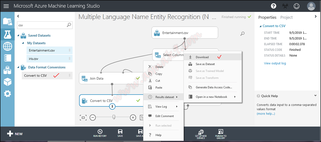 Azure Machine Learning Studio - Multiple Language Named Entity Recognition (NER) Text Analysis