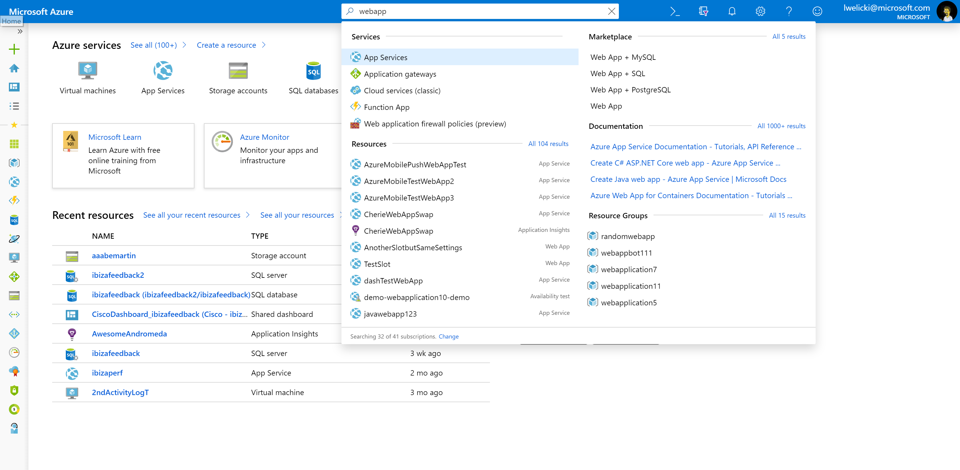 Improvements in global search results in the Azure portal