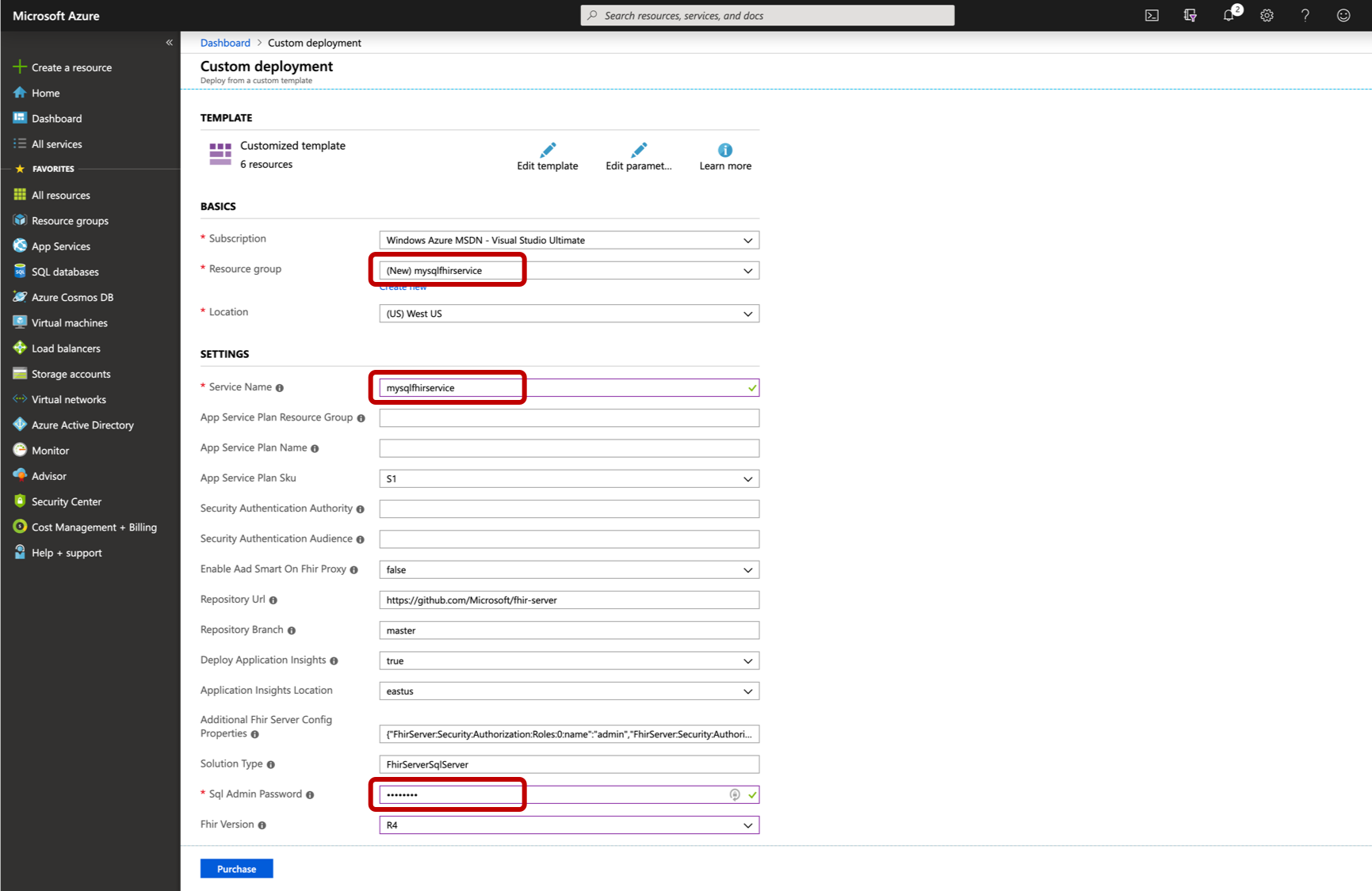 Azure Resource Manager template for deploying the FHIR server wirh a SQL persistence provider