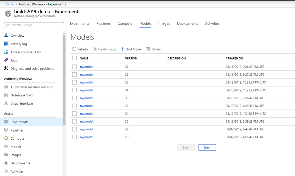 A screenshot of the Model Registry in Azure Machine Learning