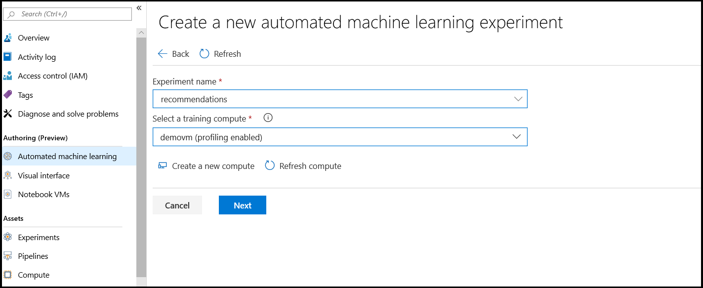 Creating a new automated machine learning experiment