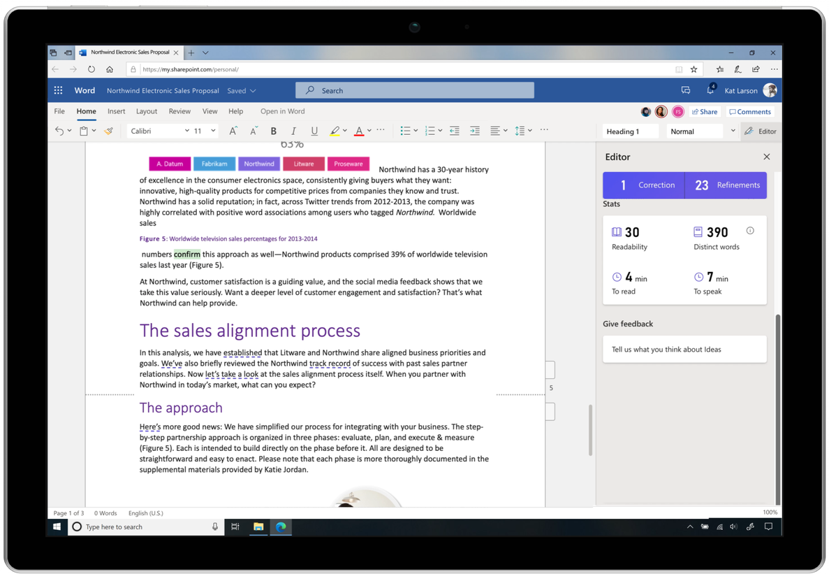 Screen shot of Editor within Microsoft Word helping provide insights like readability, count of distinct words, time to read, and time to speak.