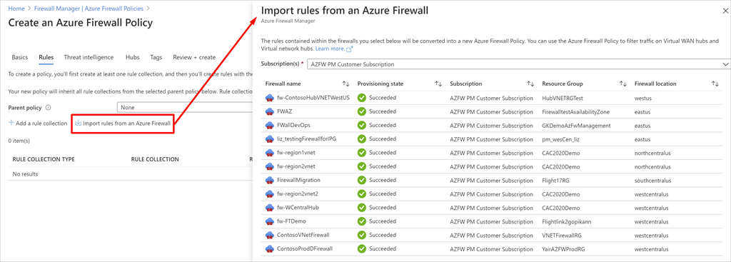 Example of importing rules from an existing Azure Firewall.