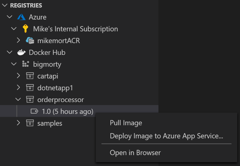 o	Registries panel in the Docker Explorer displays registries you have connect to allow pushing and pulling of images