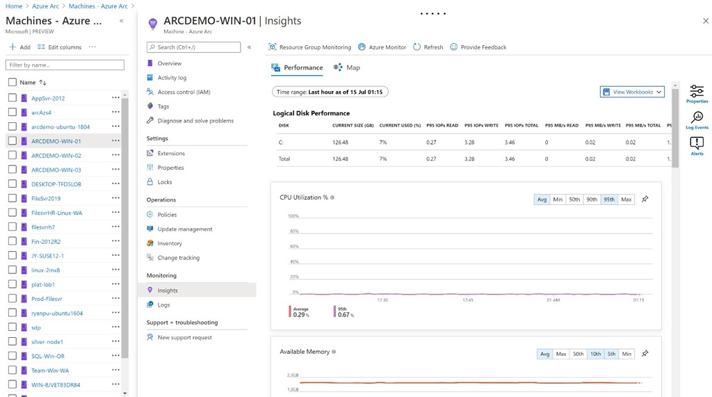 Viewing Azure Monitor for an Arc enabled server from within the Arc blade