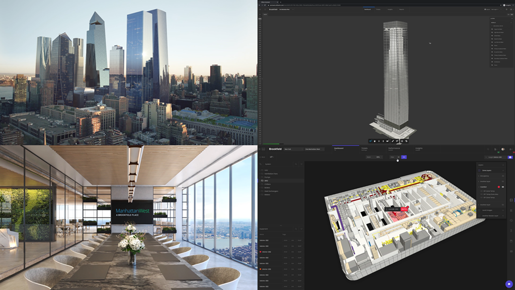 On the left, pictures of Brookfield’s One Manhattan West building.  On the right, pictures of Willow’s WillowTwin solution experience.