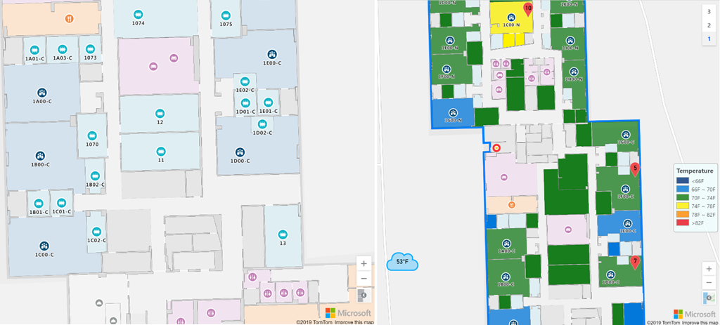 On the left, a picture of an indoor map with stylized floorplan for room types.  On the right, a picture of an indoor map with style overlays for current room temperature. 