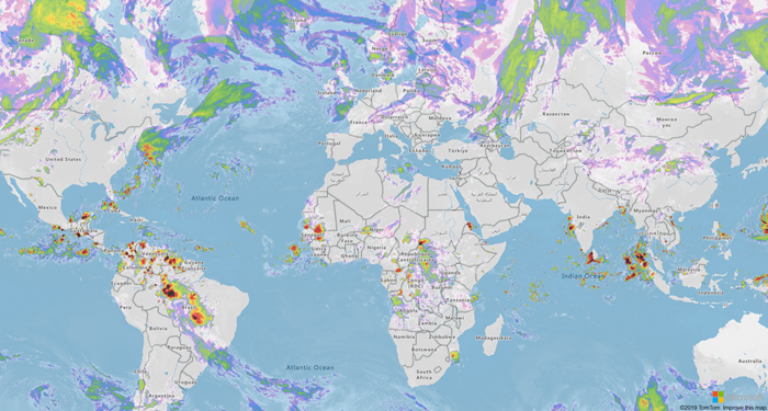 A global view of an Azure Map with new weather services information layered atop of it.
