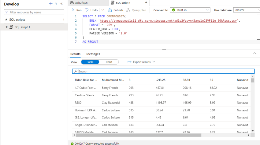 Query CSV file saved in ADLS through SQL query - Azure Synapse Analytics
