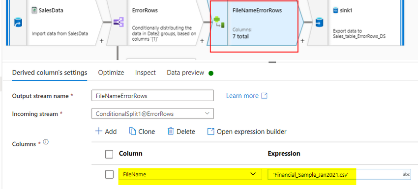 Filter real-time error rows from CSV to SQL Database Table in Azure Data Factory
