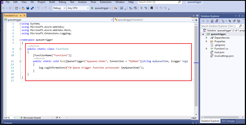 Queue Trigger in Visual Studio