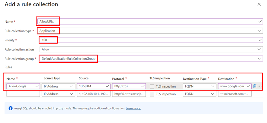 Configuring The Application Rules in Azure Firewall