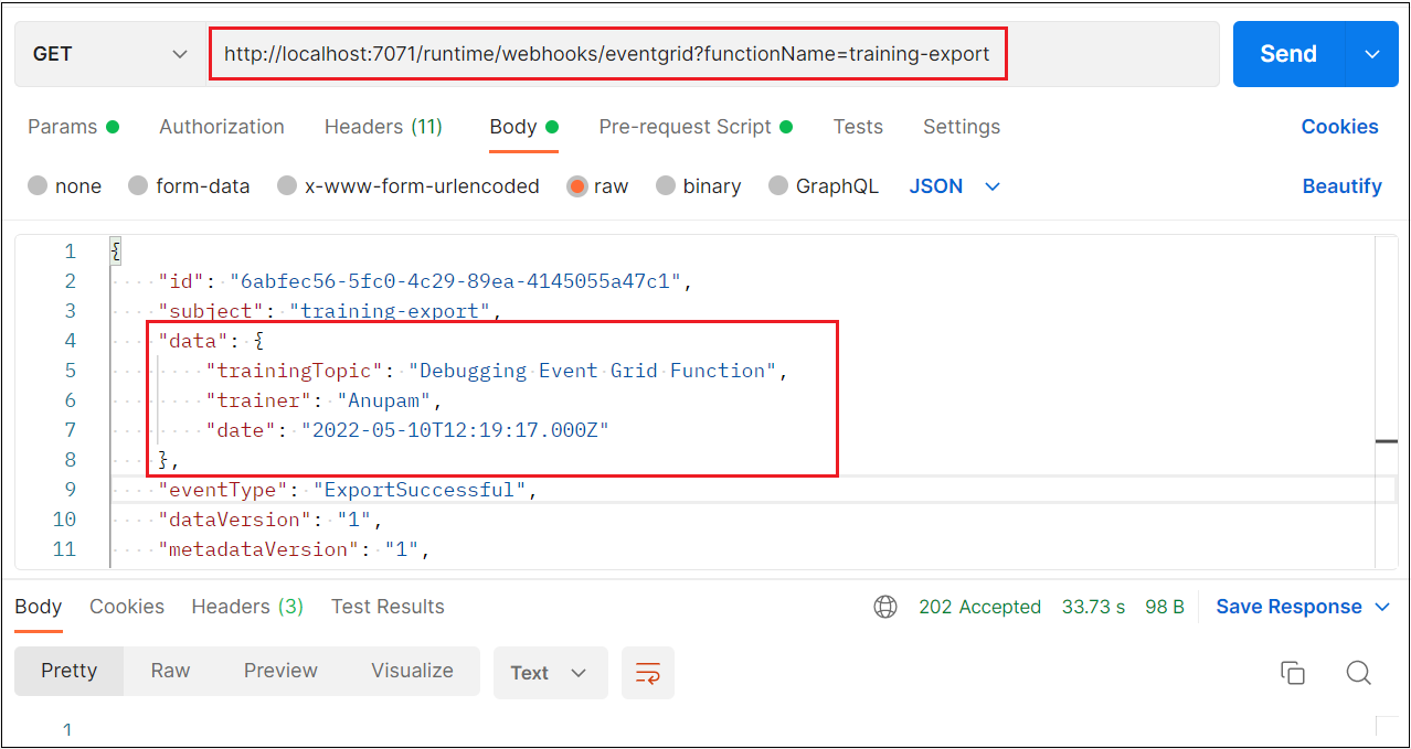 debug an event grid functions locally using Postman