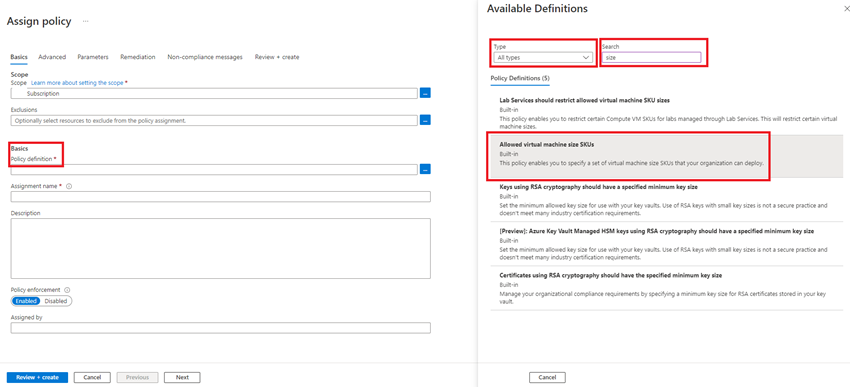 How to implement Allowed virtual machine size SKUs policy in Azure