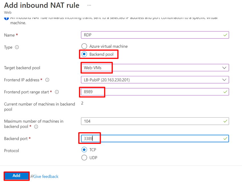 Configuring NAT and PAT for Azure Load balancer