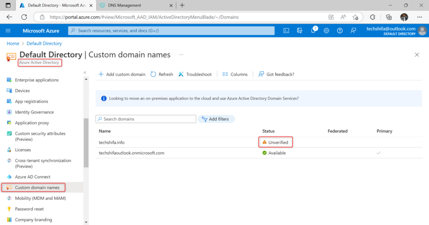 Add and verify Your custom domain in Azure Active Directory
