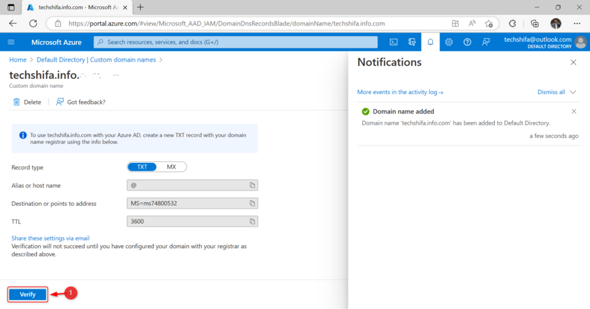 Add and verify Your custom domain in Azure Active Directory