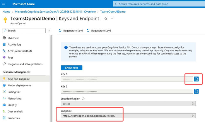 Get Azure Open AI Keys and Endpoint