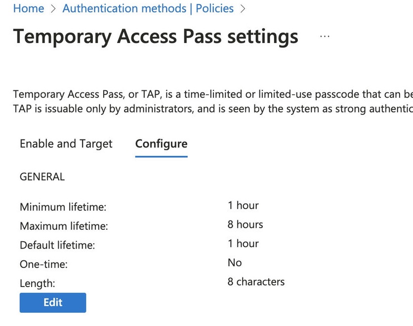 Configuration of Temporary access pass setting