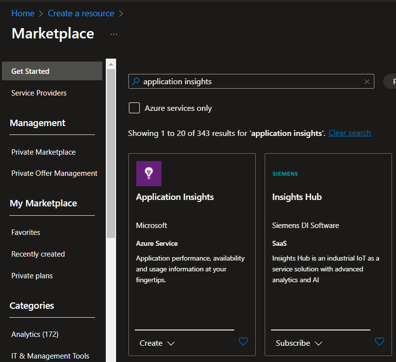 Creating an application insight resource in the Azure portal