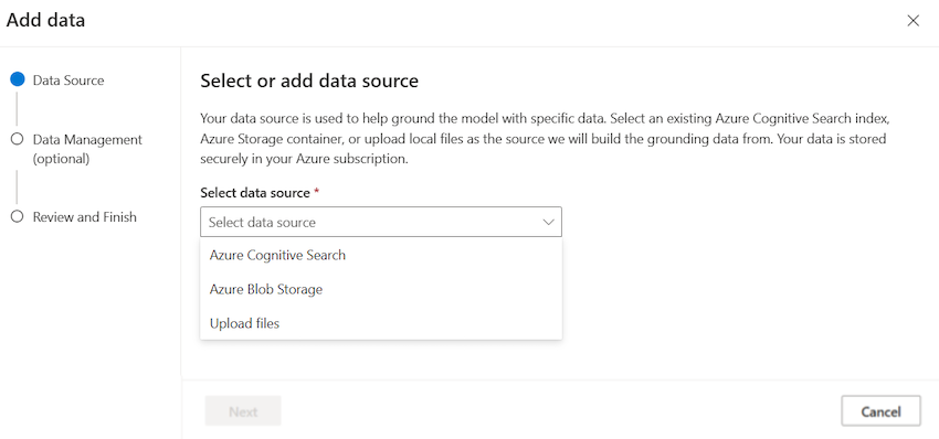 First step to add data. A dropdown with the available options for data source.