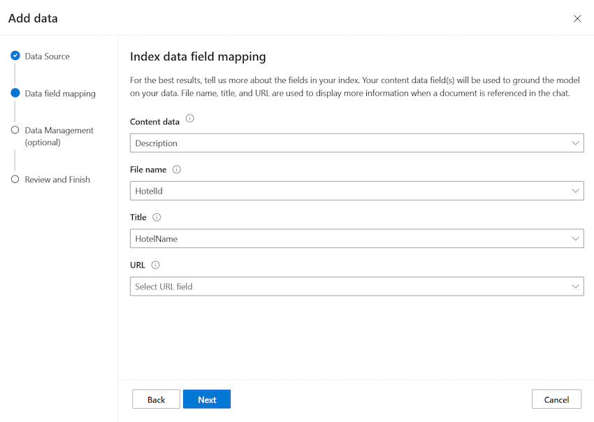 Second step to add data: 4 dropdowns to map the index fields to the model.