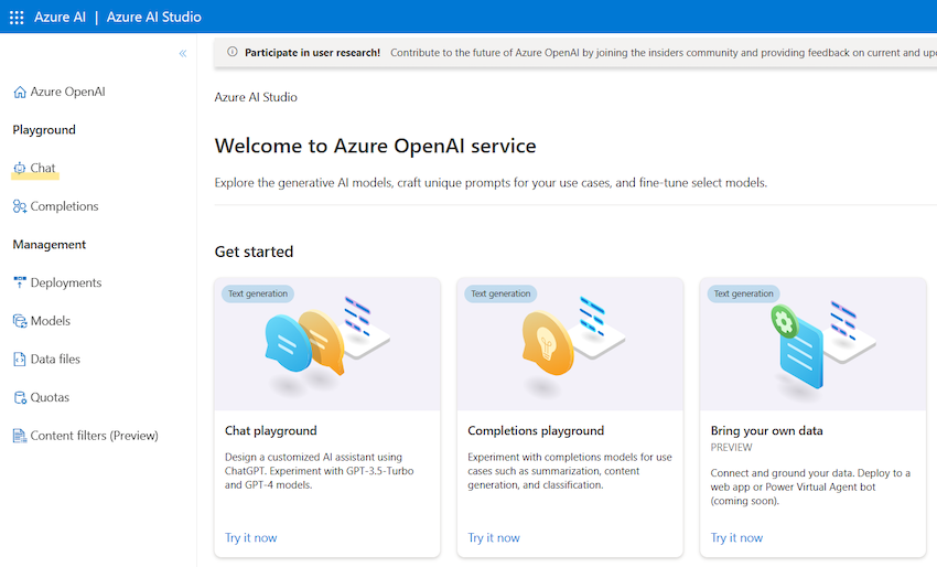 Main user interface from Azure OpenAI Studio