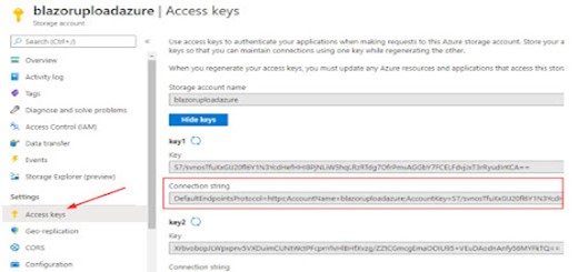 Location of the connection string in the Access keys menu.