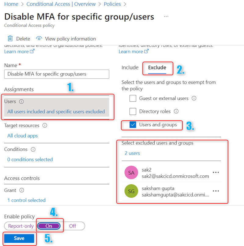 Disable MFA using Azure Portal