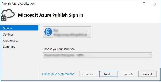 Microsoft Azure Publish Sign In