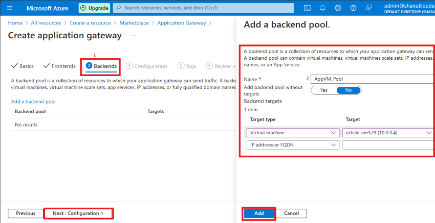 Click Add Backend Pool then Provide some Pool name (AppVM_Pool) 