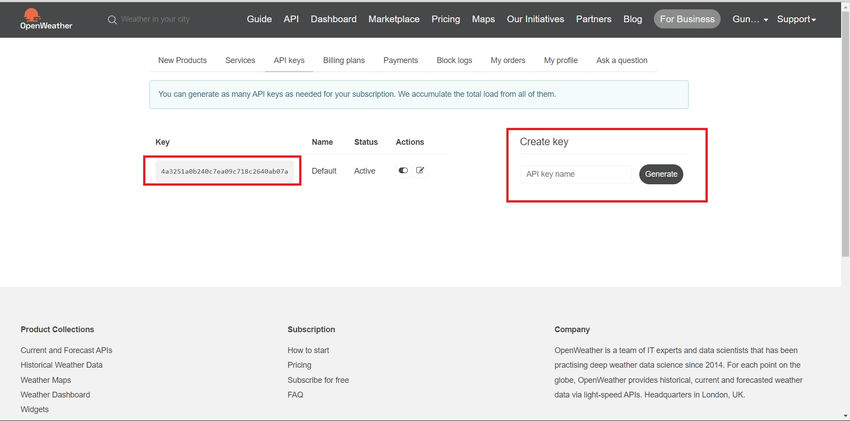 Create weather api key
